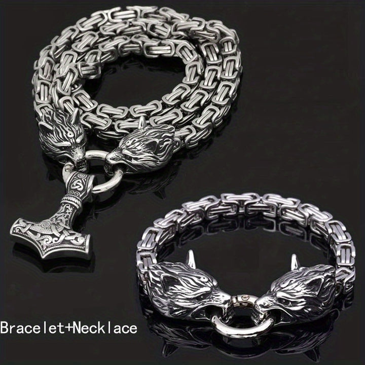 WorldNorse Vintage Viking Mjolnir With Wolves Necklace & Bracelet - Silver Set - image 25