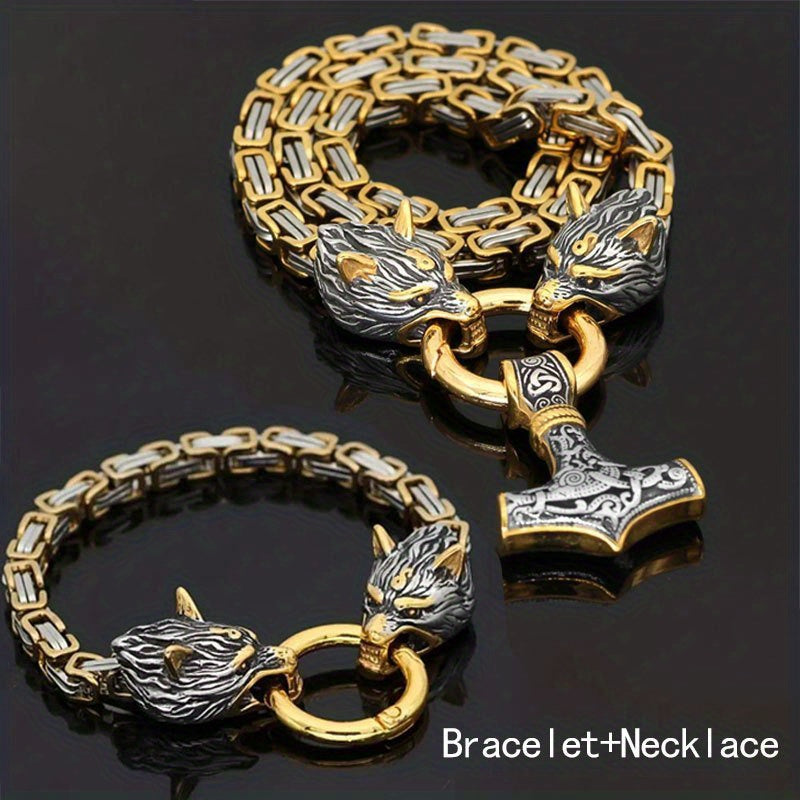 WorldNorse Vintage Viking Mjolnir With Wolves Necklace & Bracelet - Gold Set - image 26