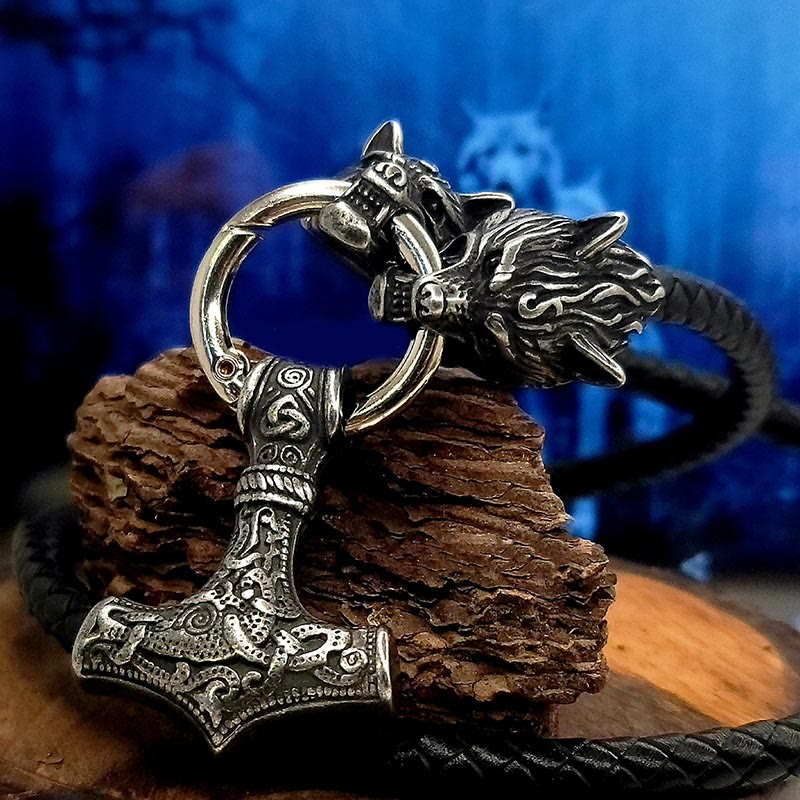 WorldNorse Viking Mjolnir Wolf Leather Rope Necklace - image 4