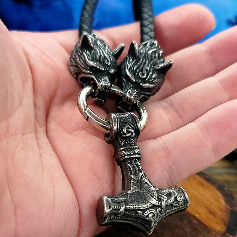 WorldNorse Viking Mjolnir Wolf Leather Rope Necklace - image 3
