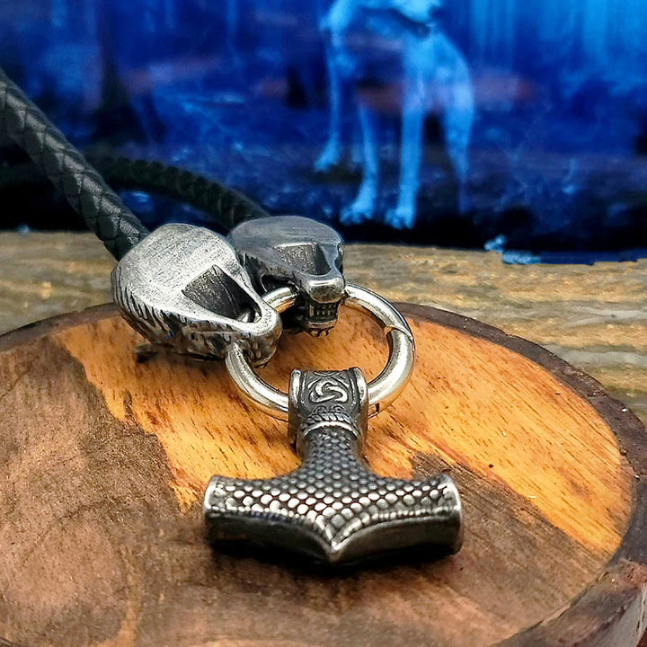 WorldNorse Viking Mjolnir Wolf Leather Rope Necklace - image 6