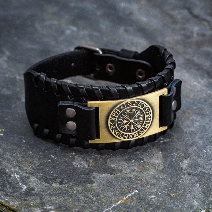 WorldNorse Genuine Leather Buckle Arm Cuff Vegvisir Metal Bracelet - Retro Bronze+Black Leather - image 8