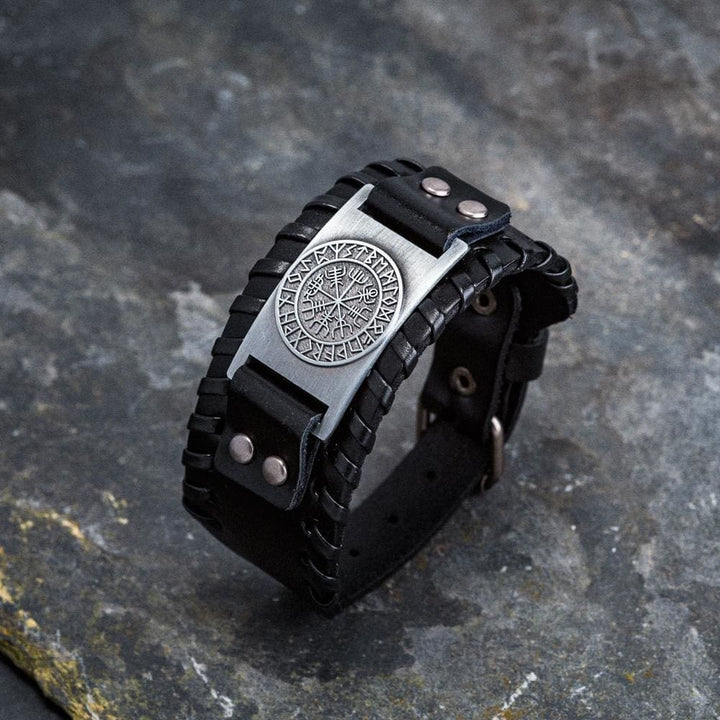 WorldNorse Genuine Leather Buckle Arm Cuff Vegvisir Metal Bracelet - image 5