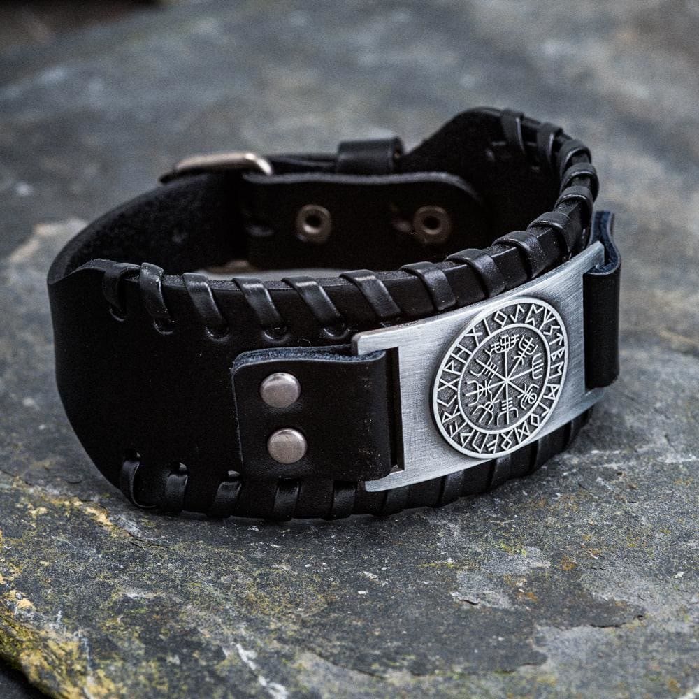 WorldNorse Genuine Leather Buckle Arm Cuff Vegvisir Metal Bracelet