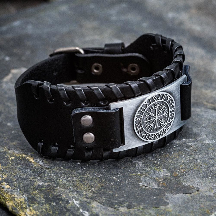 WorldNorse Genuine Leather Buckle Arm Cuff Vegvisir Metal Bracelet - image 4