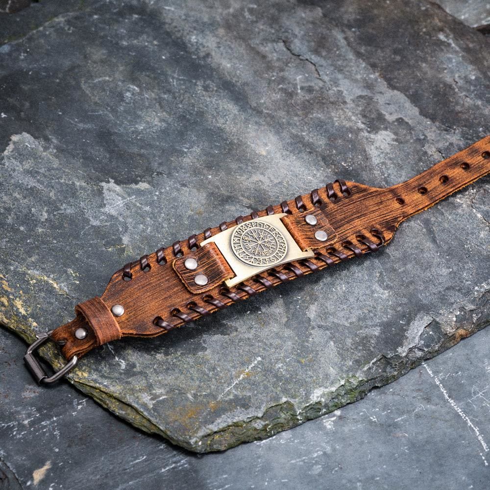WorldNorse Genuine Leather Buckle Arm Cuff Vegvisir Metal Bracelet - image 12