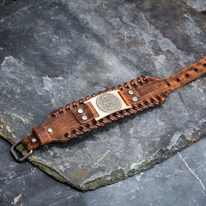 WorldNorse Genuine Leather Buckle Arm Cuff Vegvisir Metal Bracelet - image 12