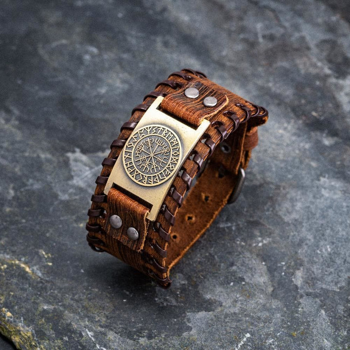 WorldNorse Genuine Leather Buckle Arm Cuff Vegvisir Metal Bracelet