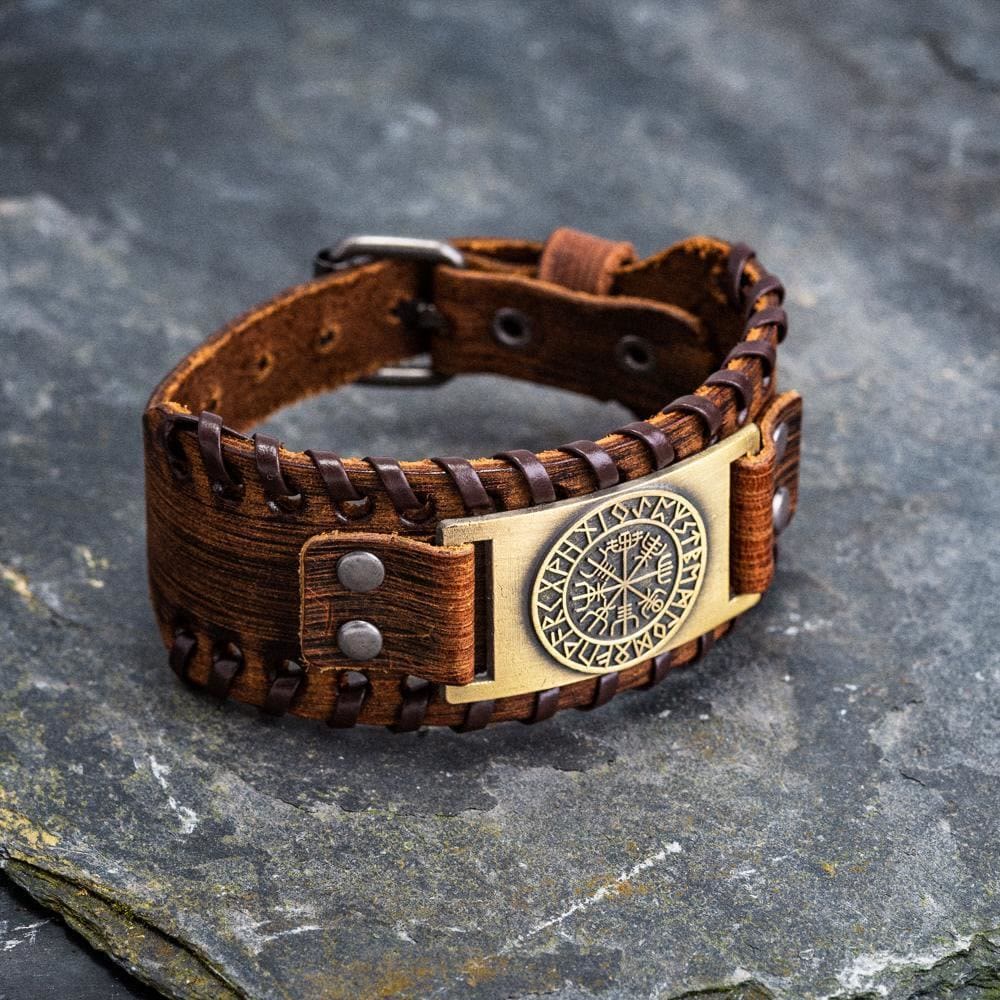 WorldNorse Genuine Leather Buckle Arm Cuff Vegvisir Metal Bracelet - Retro Bronze+Brown Leather - image 10