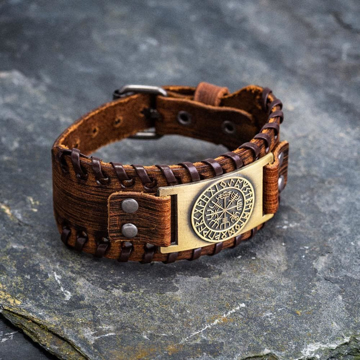 WorldNorse Genuine Leather Buckle Arm Cuff Vegvisir Metal Bracelet - Retro Bronze+Brown Leather - image 10