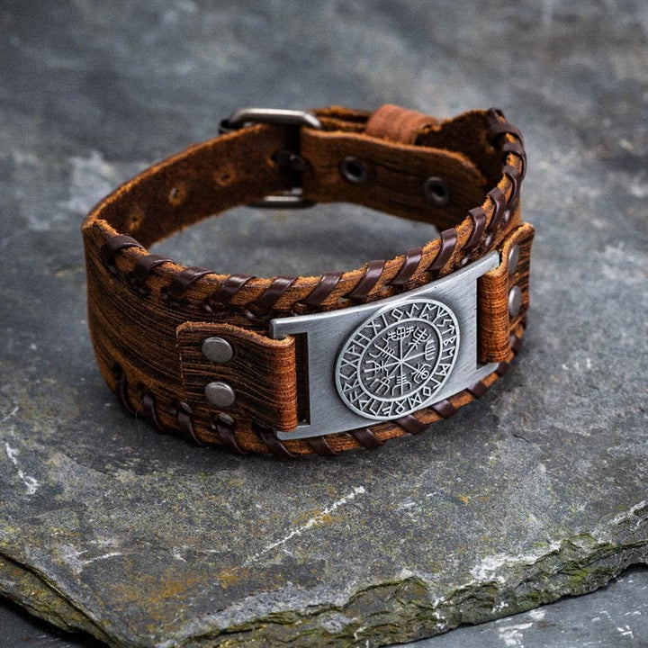 WorldNorse Genuine Leather Buckle Arm Cuff Vegvisir Metal Bracelet - Retro Silver+Brown Leather - image 13