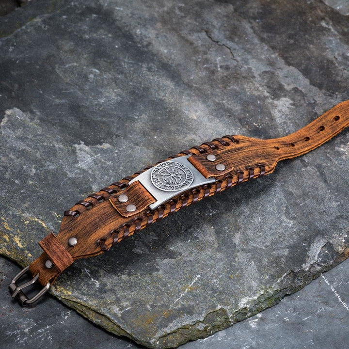 WorldNorse Genuine Leather Buckle Arm Cuff Vegvisir Metal Bracelet - image 15