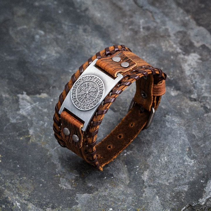WorldNorse Genuine Leather Buckle Arm Cuff Vegvisir Metal Bracelet - image 14