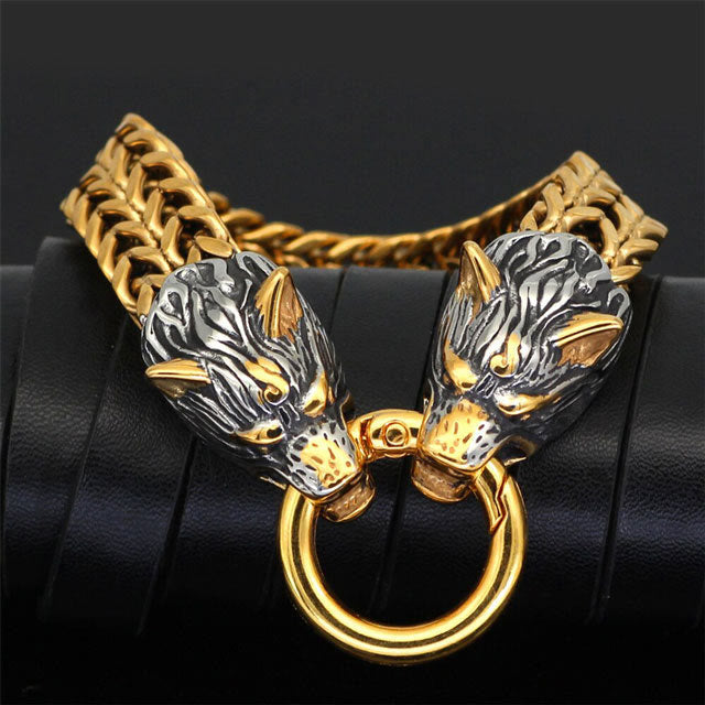 WorldNorse Nordic Fenrir Majestic Wolf Head Chain Bracelet - Gold - 23cm - image 0