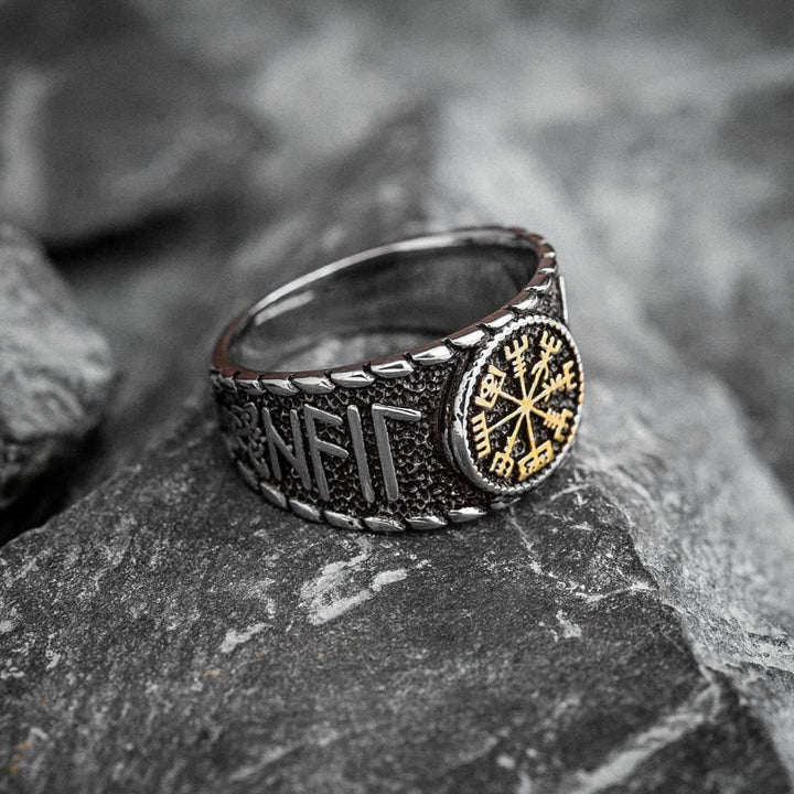 WorldNorse Vegvisir And Runes Stainless Steel Viking Ring - Gold - US 13 - image 1
