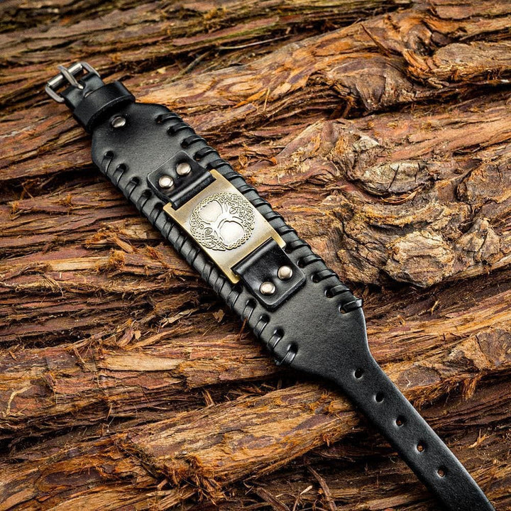 WorldNorse Genuine Leather Buckle Arm Cuff Yggdrasil Metal Bracelet - Retro Bronze+Black Leather - image 3