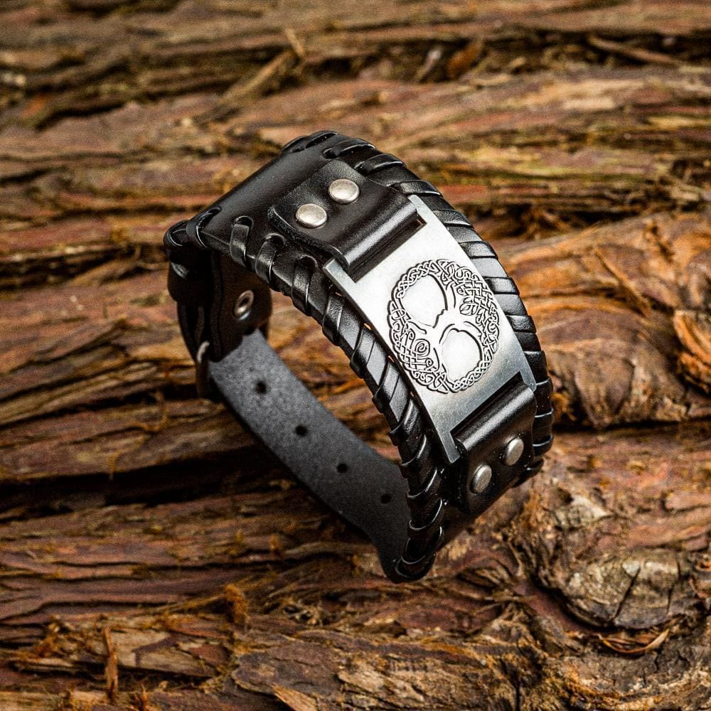 WorldNorse Genuine Leather Buckle Arm Cuff Yggdrasil Metal Bracelet - Retro Silver+Black Leather - image 0