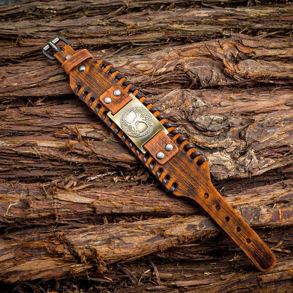 WorldNorse Genuine Leather Buckle Arm Cuff Yggdrasil Metal Bracelet - image 5