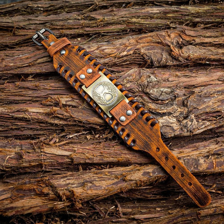 WorldNorse Genuine Leather Buckle Arm Cuff Yggdrasil Metal Bracelet - image 5