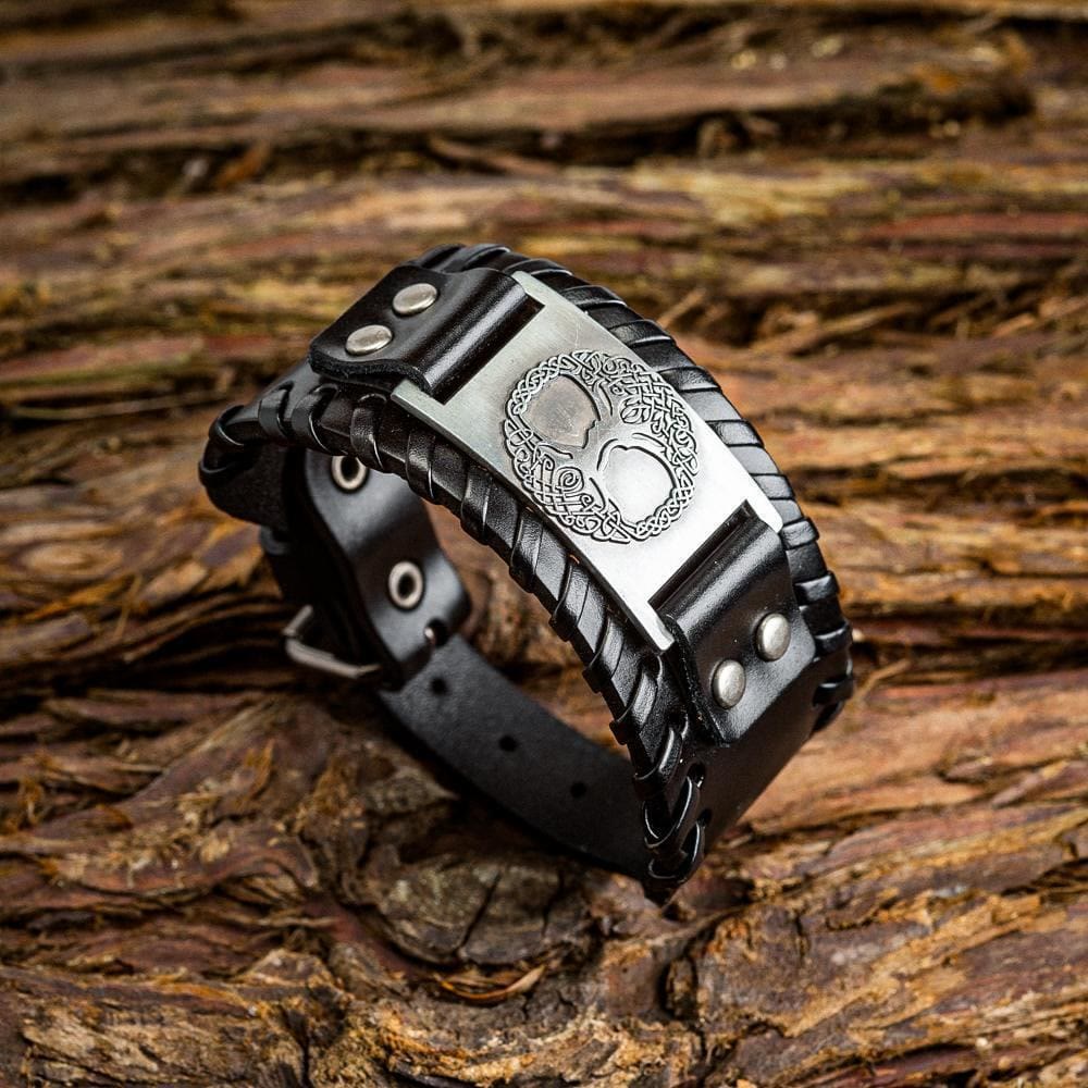 WorldNorse Genuine Leather Buckle Arm Cuff Yggdrasil Metal Bracelet - image 1