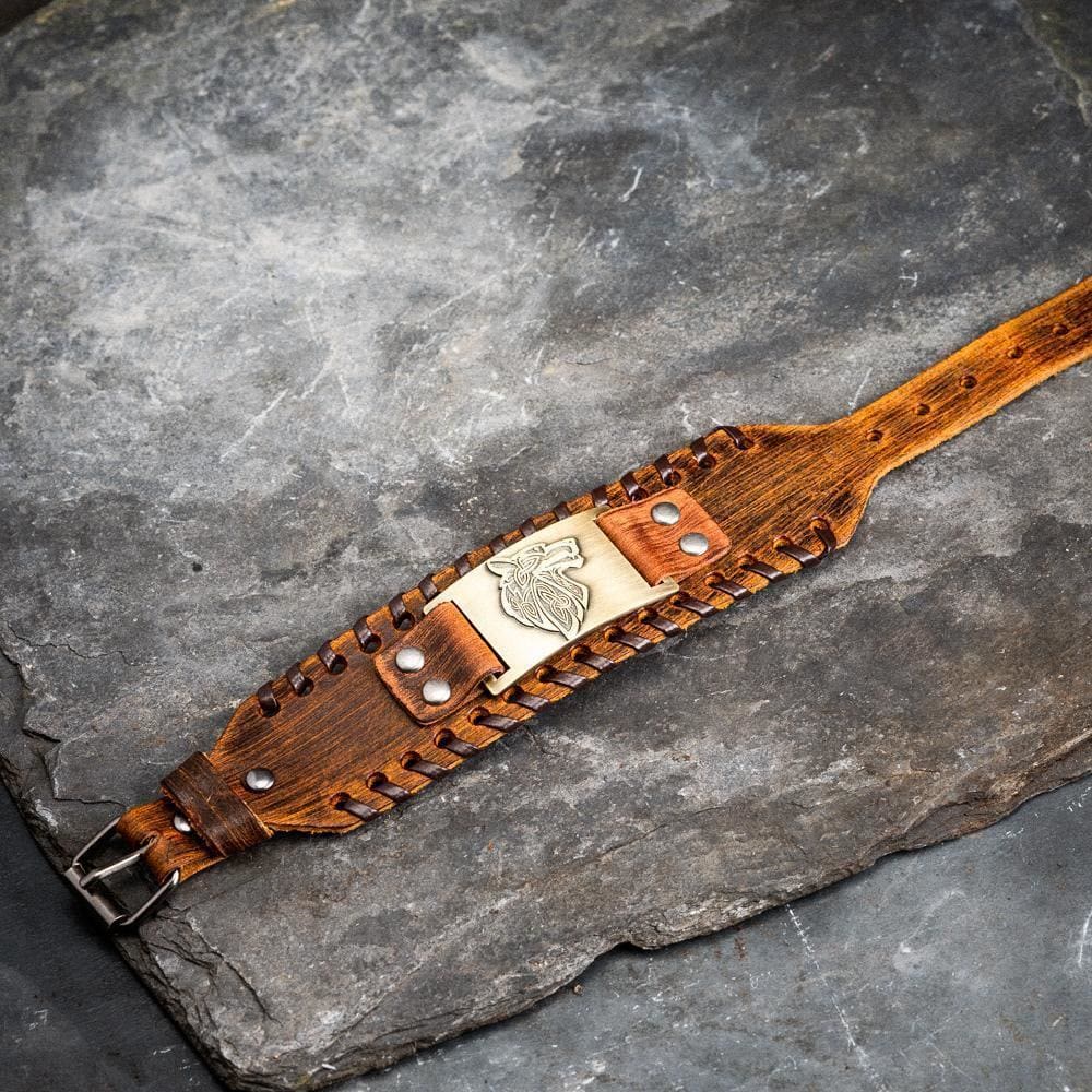 WorldNorse Genuine Leather Buckle Arm Cuff Wolves Metal Bracelet - image 7