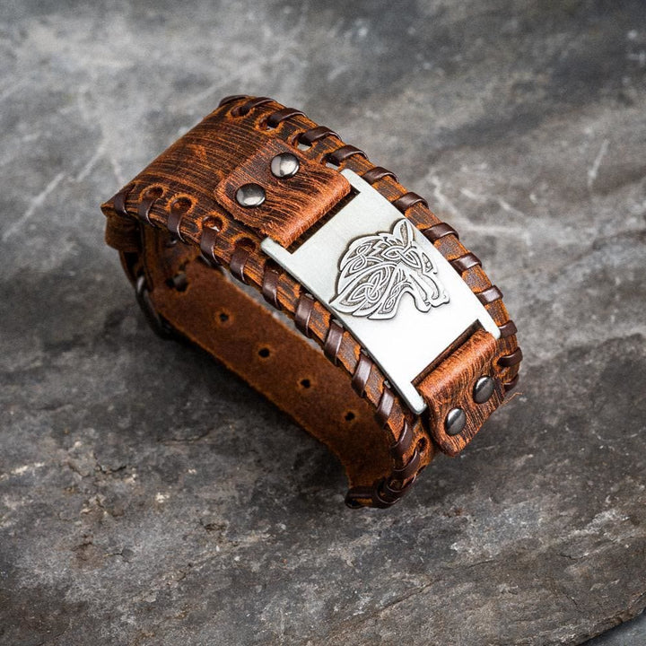 WorldNorse Genuine Leather Buckle Arm Cuff Wolves Metal Bracelet - Retro Silver+Brown Leather - image 4