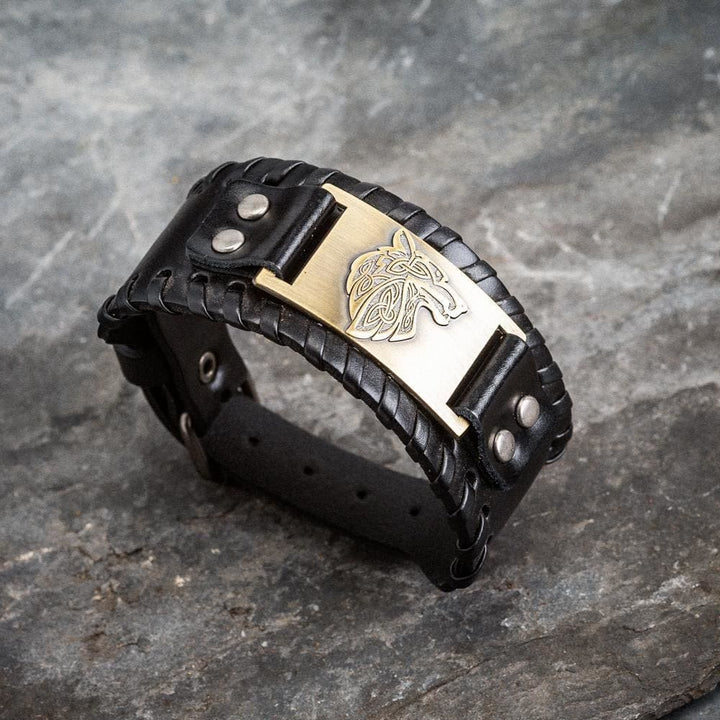 WorldNorse Genuine Leather Buckle Arm Cuff Wolves Metal Bracelet - Retro Bronze+Black Leather - image 2