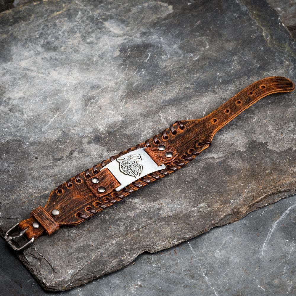 WorldNorse Genuine Leather Buckle Arm Cuff Wolves Metal Bracelet - image 5