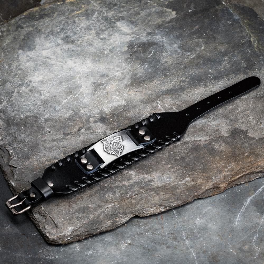 WorldNorse Genuine Leather Buckle Arm Cuff Wolves Metal Bracelet - image 1