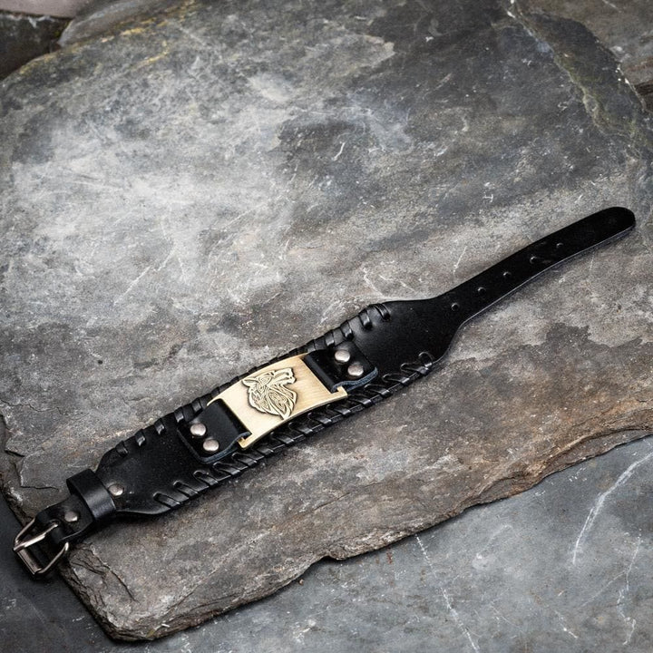 WorldNorse Genuine Leather Buckle Arm Cuff Wolves Metal Bracelet - image 3