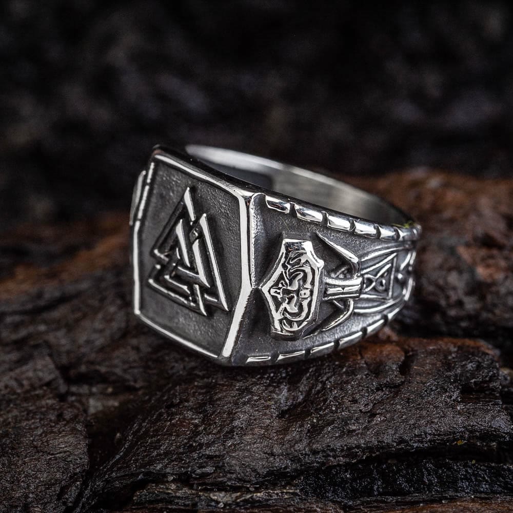WorldNorse Men's Viking Valknut And Mjolnir Pattern Ring - image 1