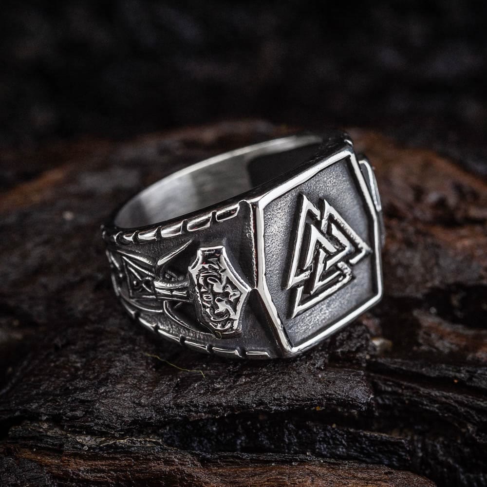 WorldNorse Men's Viking Valknut And Mjolnir Pattern Ring