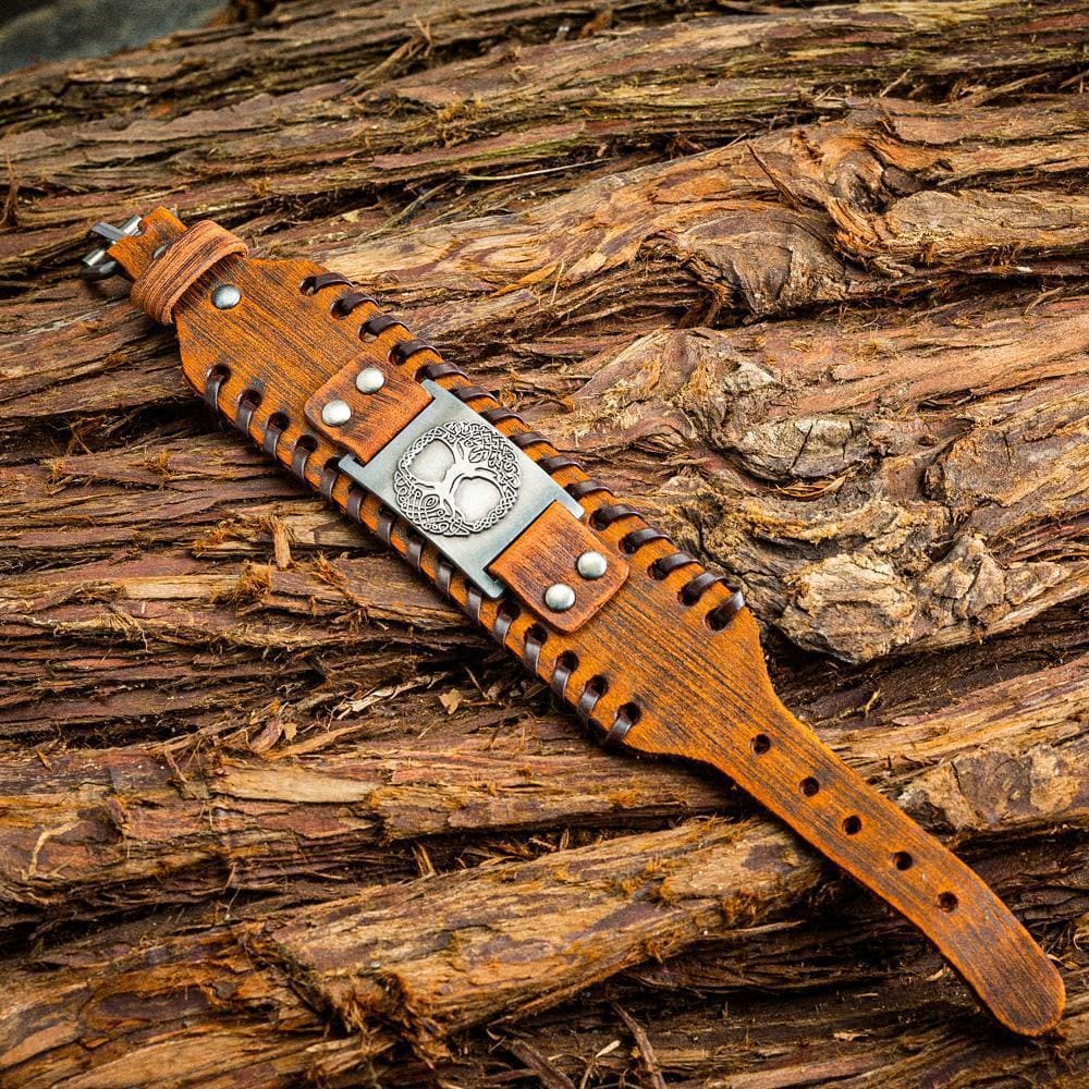 WorldNorse Genuine Leather Buckle Arm Cuff Yggdrasil Metal Bracelet - image 7
