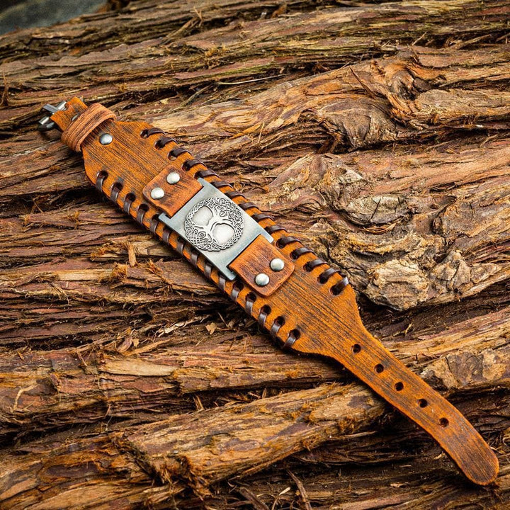 WorldNorse Genuine Leather Buckle Arm Cuff Yggdrasil Metal Bracelet - image 7