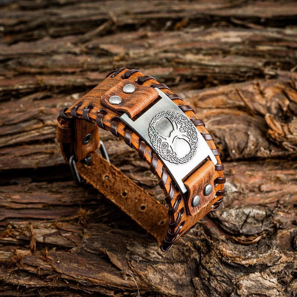 WorldNorse Genuine Leather Buckle Arm Cuff Yggdrasil Metal Bracelet - Retro Silver+Brown Leather - image 6