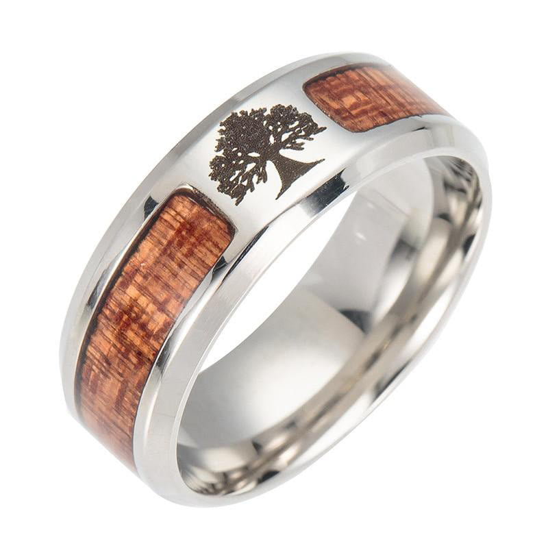 WorldNorse Stainless Steel Yggdrasil And Wood Inlay Ring