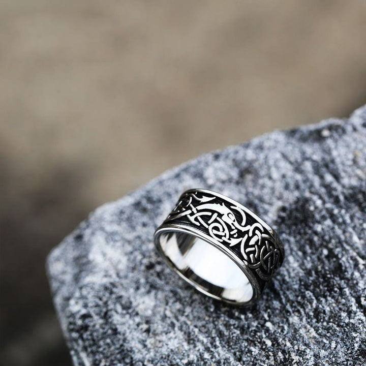 WorldNorse Dragon Head Celtic Knot Stainless Steel Viking Ring