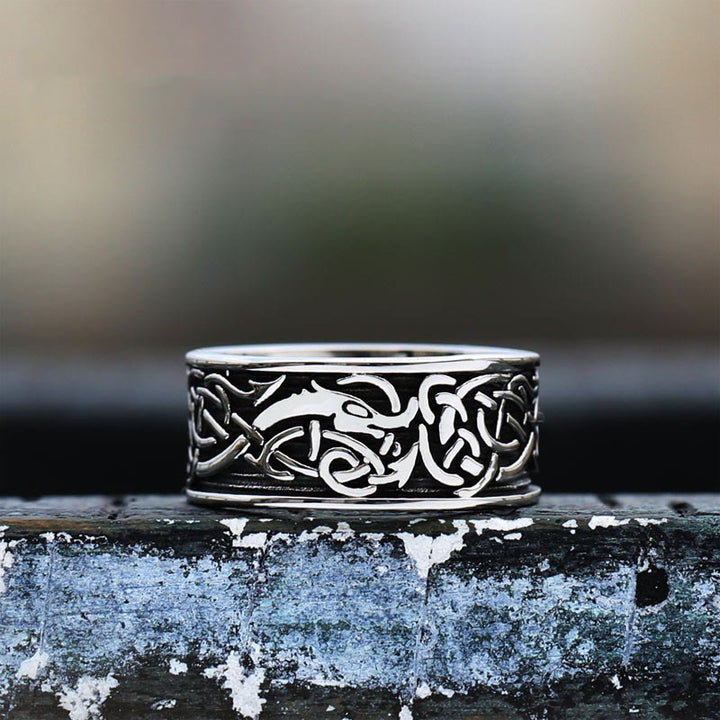 WorldNorse Dragon Head Celtic Knot Stainless Steel Viking Ring