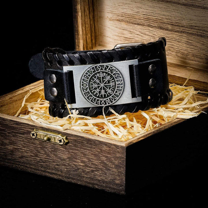 WorldNorse Genuine Leather Buckle Arm Cuff Vegvisir Metal Bracelet - Retro Silver+Black Leather - image 0