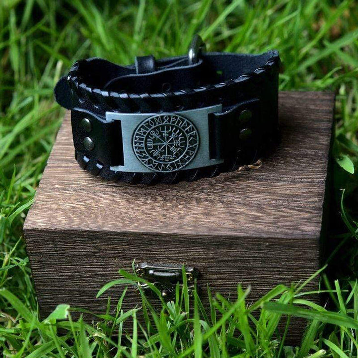 WorldNorse Genuine Leather Buckle Arm Cuff Vegvisir Metal Bracelet