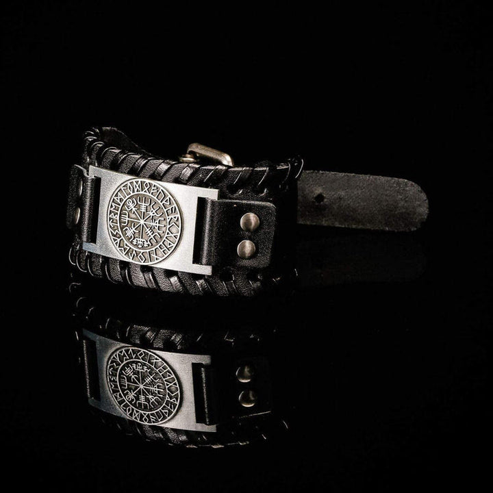 WorldNorse Genuine Leather Buckle Arm Cuff Vegvisir Metal Bracelet