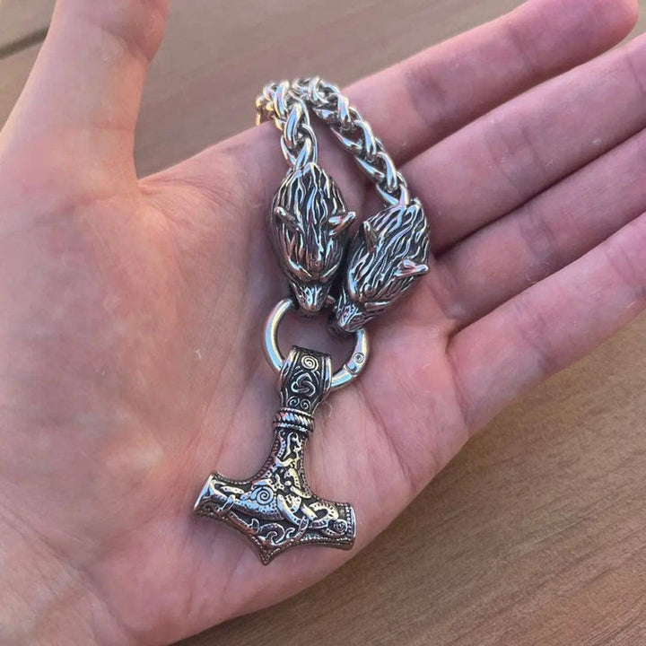 WorldNorse Vintage Viking Mjolnir With Wolves Necklace & Bracelet