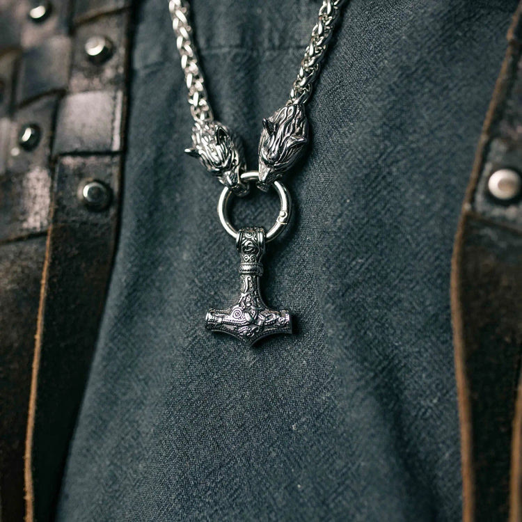 WorldNorse Vintage Viking Mjolnir With Wolves Necklace & Bracelet