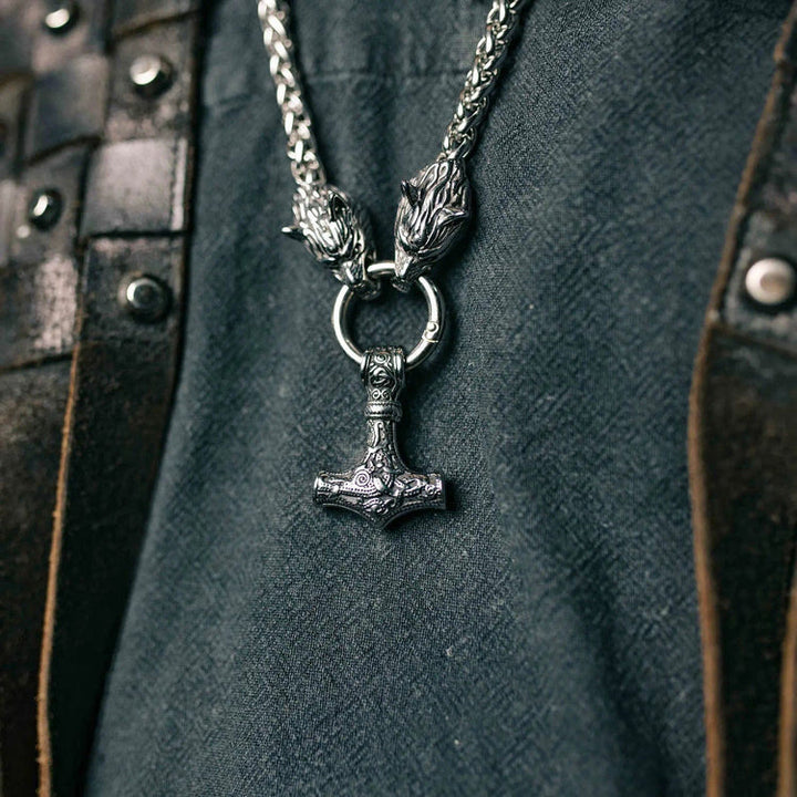 WorldNorse Vintage Viking Mjolnir With Wolves Necklace & Bracelet