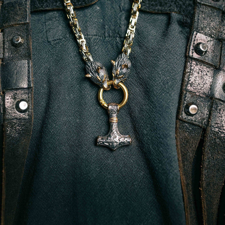WorldNorse Vintage Viking Mjolnir With Wolves Necklace & Bracelet