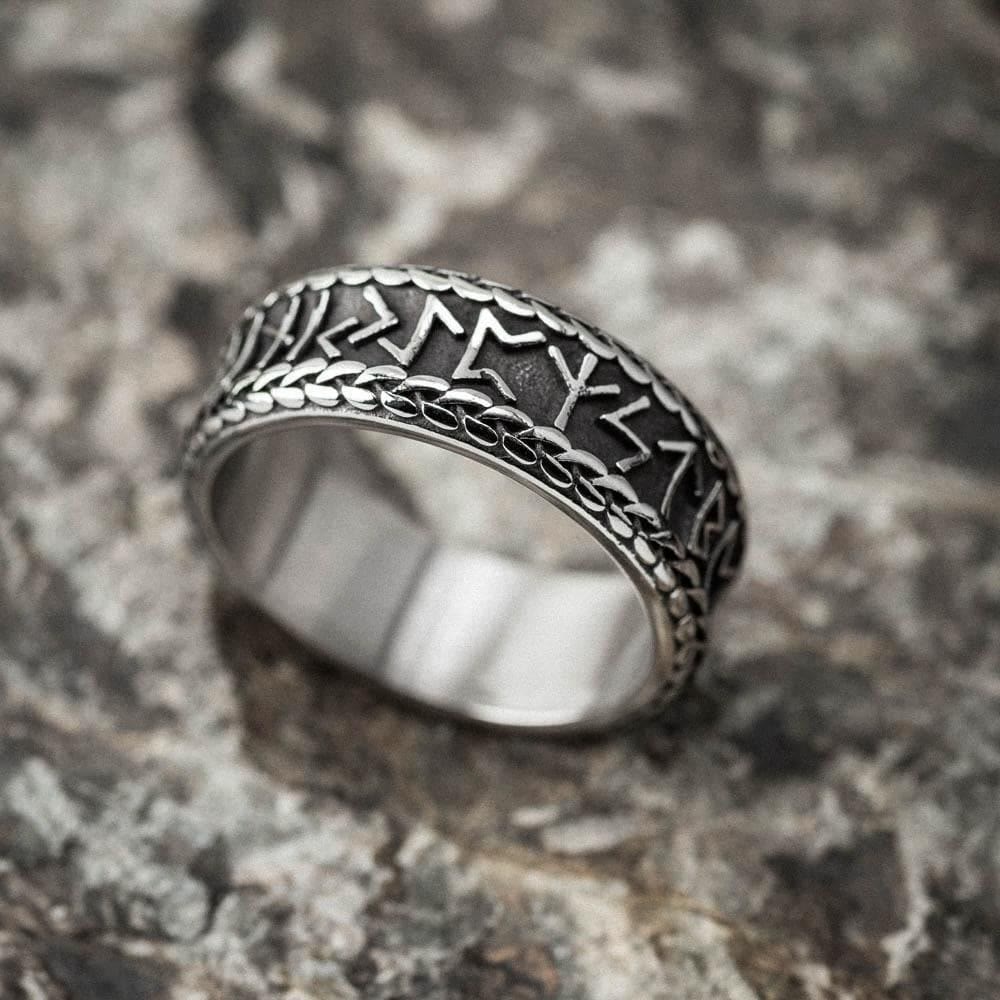 WorldNorse Antique Viking Rune and Knot Ring in Stainless Steel