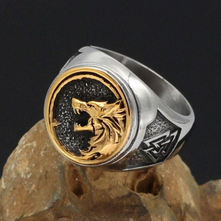 WorldNorse Viking Wolf Head Valknut Ring