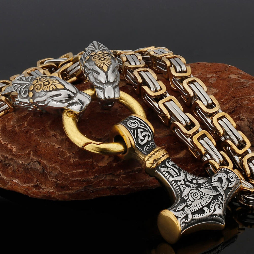 WorldNorse Fenrir Viking Thor's Hammer Necklace & Bracelet - Gold Necklace - image 15