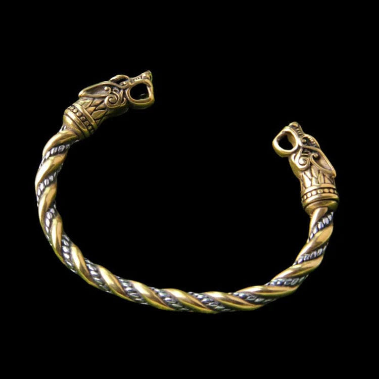 WorldNorse Viking Dual Color Fenrir Wolf Head Twisted Bracelet - Gold - image 7