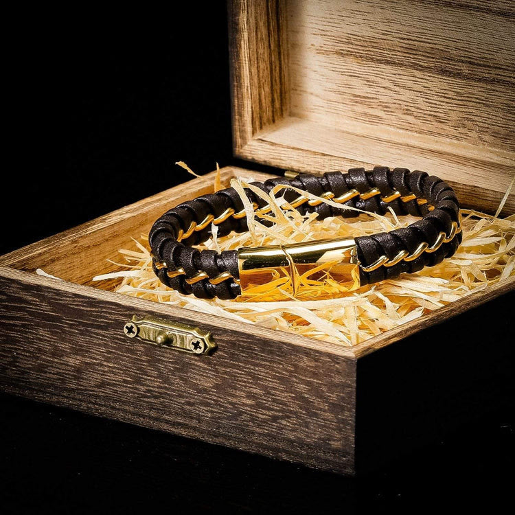 WorldNorse Vintage Braided Leather Odin Bracelet - Black & Gold - image 0